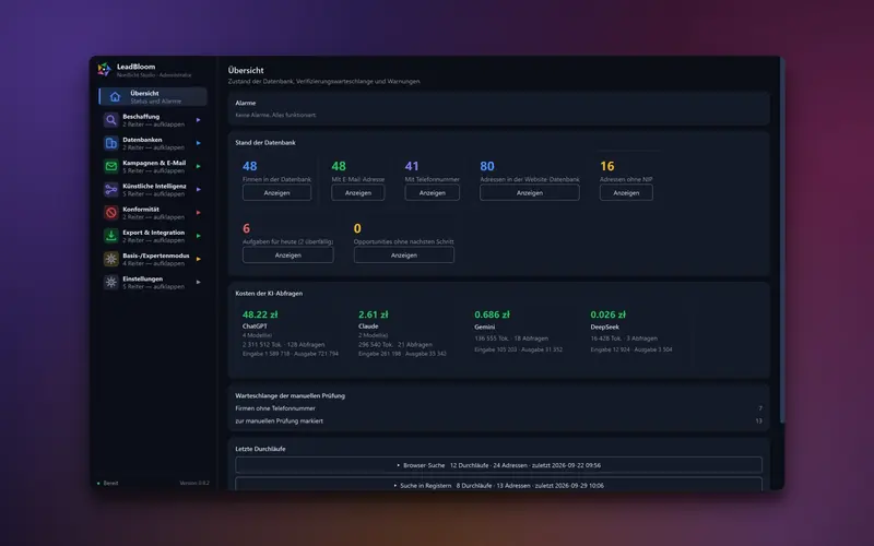 LeadBloom-Dashboard mit Kacheln zur Unternehmensanzahl, KI-Kosten nach Anbieter und einer Liste der letzten Suchläufe