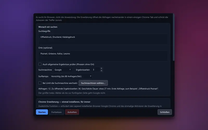 Fenster der Browser-Suche mit Suchbegriffsliste, Suchmaschinenauswahl und Tempo