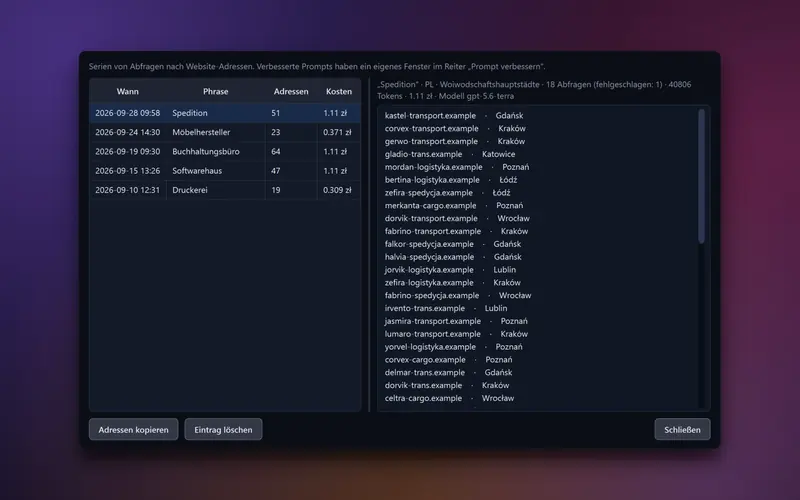 Fenster mit dem Verlauf des KI-Prospectings: Liste der Serien, Kosten und Anzahl der gefundenen Adressen