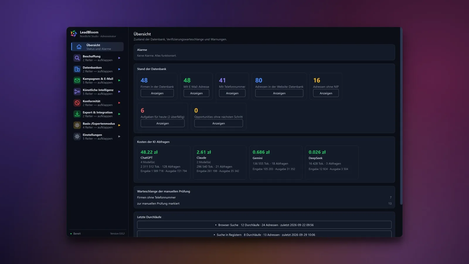 LeadBloom-Dashboard mit Kacheln zur Unternehmensanzahl, KI-Kosten nach Anbieter und einer Liste der letzten Suchläufe