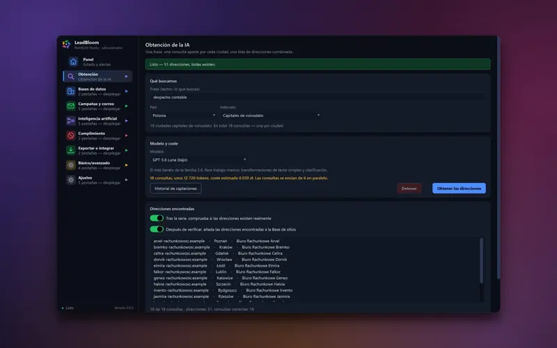 Pestaña de prospección con IA con la frase despacho contable y una lista de direcciones web encontradas