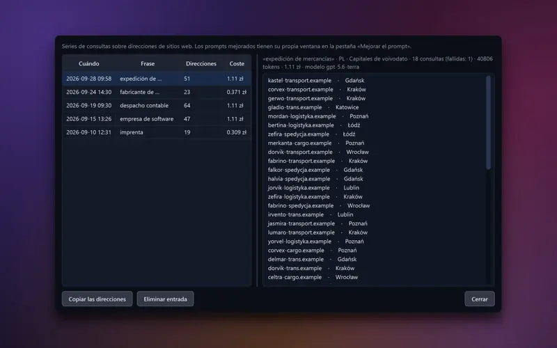 Ventana del historial de prospección con IA con la lista de series, costes y número de direcciones encontradas