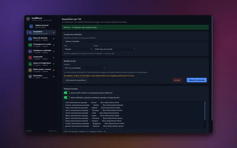 Onglet de prospection IA avec l'expression cabinet comptable et la liste des adresses de sites web trouvées
