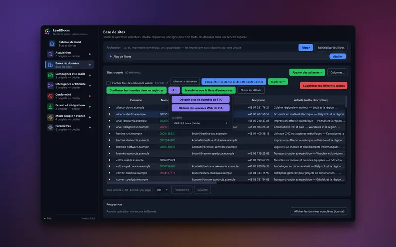 Tableau de la base de sites web avec le menu IA déployé, montrant les commandes d'enrichissement des données