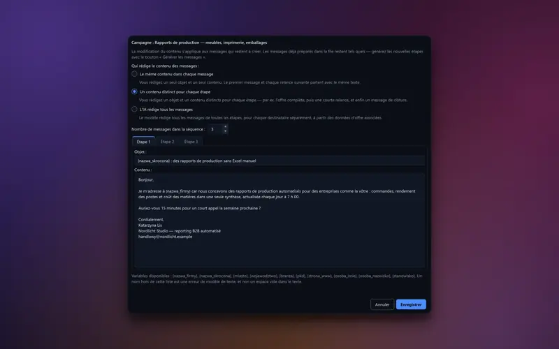 Fenêtre du contenu de la campagne avec onglets d'étapes, objet et corps du message
