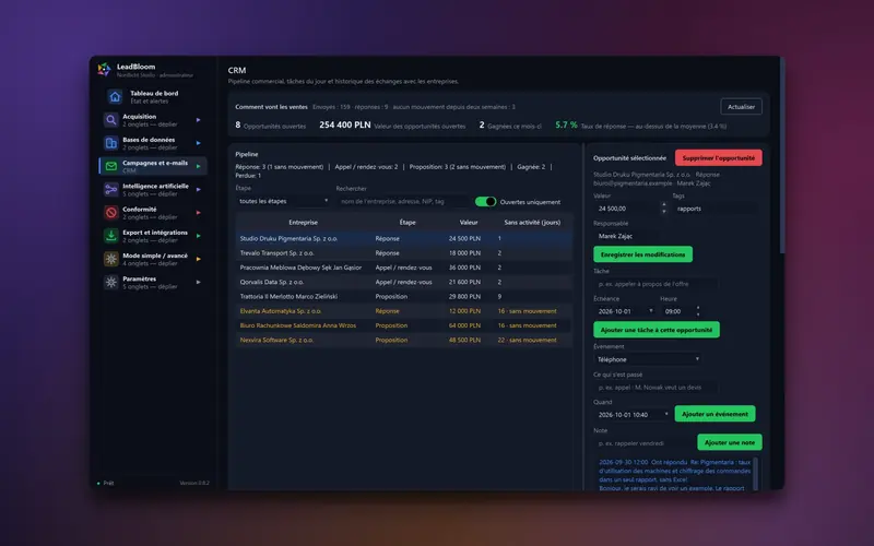 Onglet CRM avec le pipeline commercial, un tableau d'opportunités avec valeurs en PLN et le panneau de l'opportunité sélectionnée