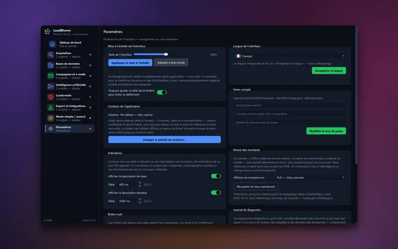 Paramètres de l'application avec échelle de l'interface, thème de couleurs, langue et choix de la devise
