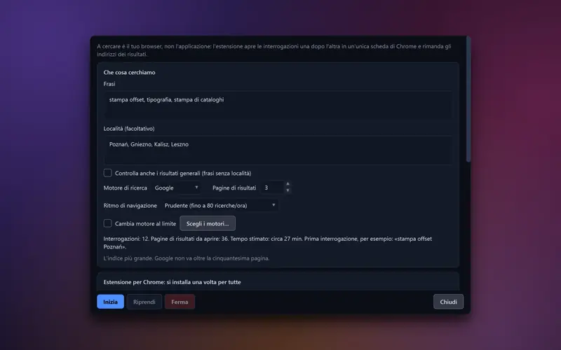 Finestra di ricerca nel browser con elenco di frasi, scelta del motore di ricerca e ritmo