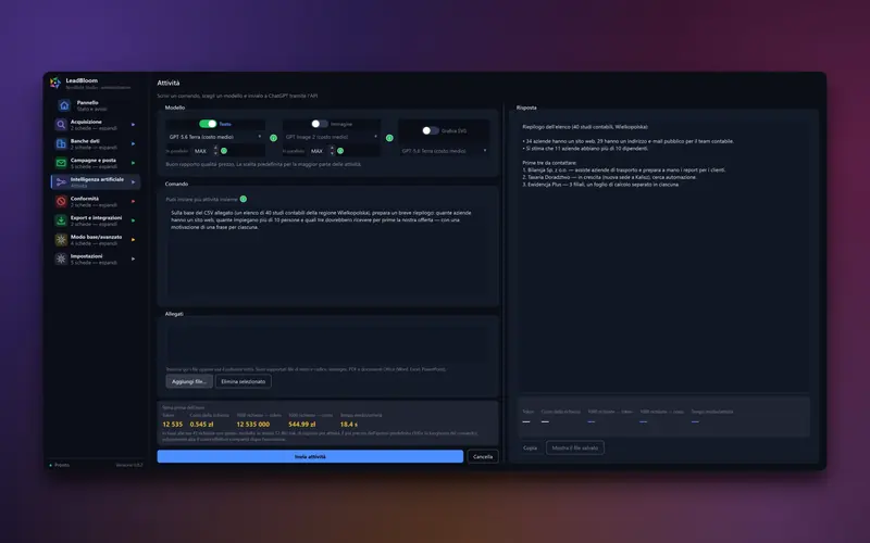 Scheda Attività con un prompt per il modello AI, scelta del modello e risposta