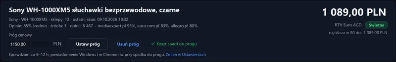 Karta produktu v aplikaci PriceSpark s nejlepší cenou, hodnocením výhodnosti, 90denním minimem a cenovou hranicí